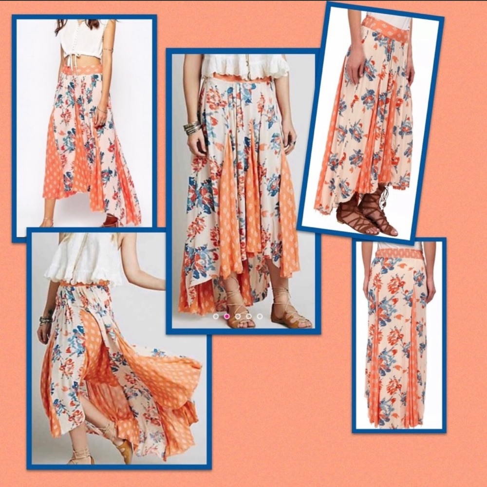 Free People Show You Off High Low Floral Print Maxi Skirt Boho Flowy Sz L